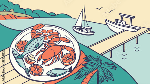 Seafood platter with fish crab and orange slices near the sea with boats and a palm tree view
