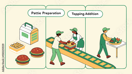 Illustration depicting burger preparation process with pattie preparation and topping addition steps shown