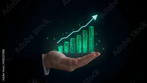 Planning and strategy, Stock market, Business growth, progress or success concept. Businessman or trader is showing a growing virtual hologram stock, invest in trading. Height return.