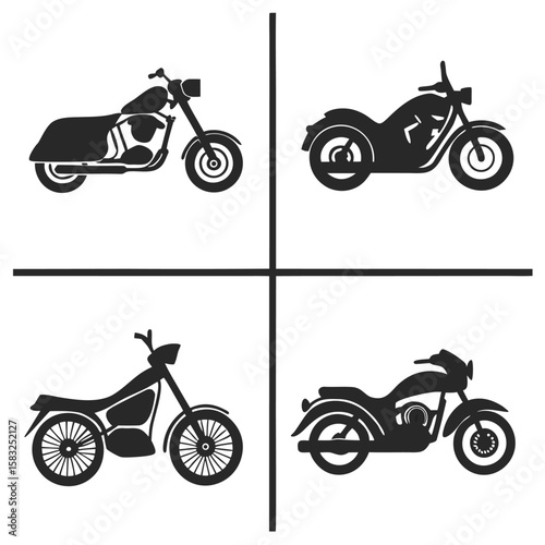 Set of motorcycle icons silhouettes featuring various bike illustration