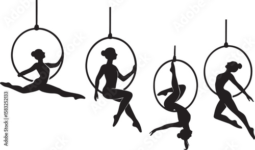 Graceful aerial hoop silhouettes—four distinct poses capturing dynamic strength, balance, and artistry midair.