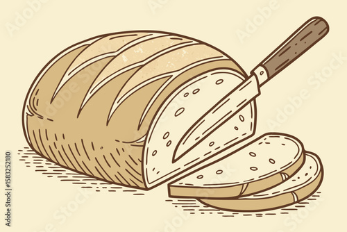 Illustration of a sliced loaf of bread with a knife cutting through it on a beige background
