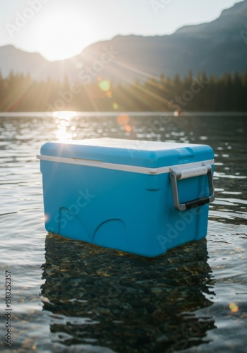 Blue Plastic Cooler Floating in Calm Mountain Lake at Sunset