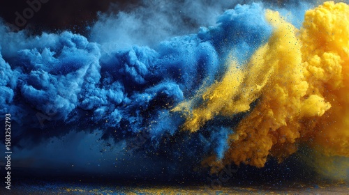 Colorful cloud of blue and yellow powder explosion in the dark background. It evokes creativity, excitement, and vibrant energy in your next designs.