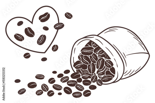 Coffee beans spilling from a bag with a heart shape filled with beans floating above on a white background