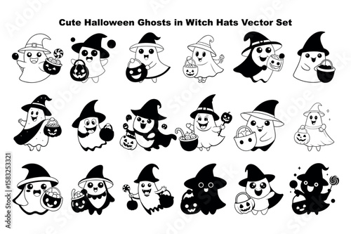 Spooky Halloween is here as happy ghosts wear witch hats and carry pumpkin baskets