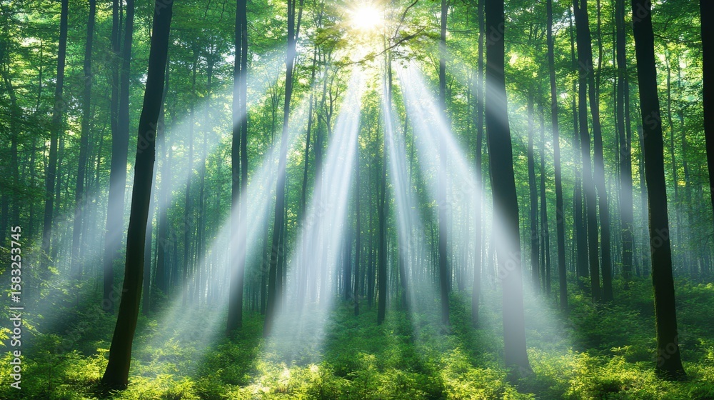Obraz premium Sunbeams in the Forest: Sunbeams pierce through the dense canopy of a lush forest, illuminating the forest floor in a magical display of light and shadow.