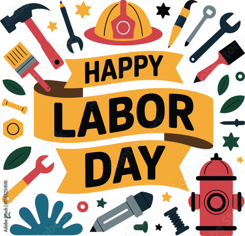 Festive Labor Day Illustration with Tools and Equipment Celebrating Workers and the Value of Labor Perfect for Holiday Greetings and Promotional Materials with a Cheerful
