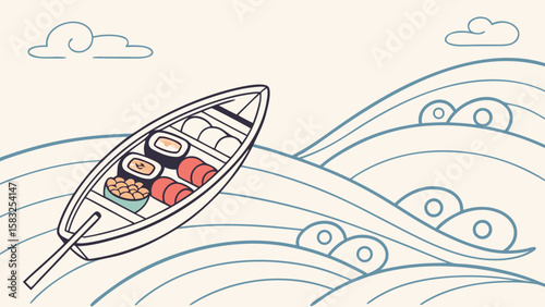 A boat filled with sushi sailing on wavy ocean waters under fluffy clouds in a simple illustration