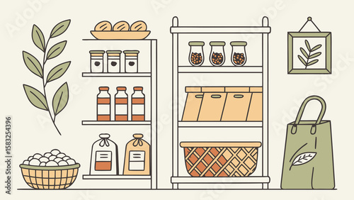 Illustration of pantry shelves stocked with jars, bags, and a basket of produce items
