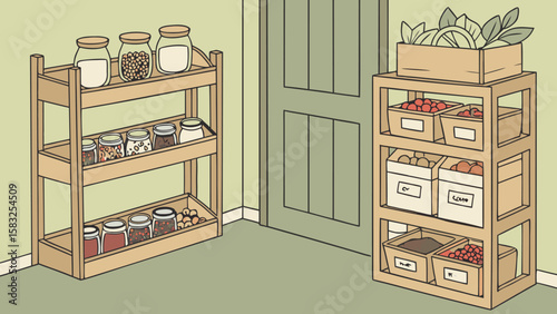 Shelves filled with jars and boxes containing various food items in a pantry storage area