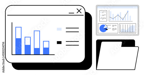 Bar chart with comparative data, analytics dashboard featuring graphs and pie chart, open folder. Ideal for business analysis, project management, data science, finance, research, education simple