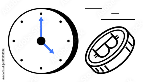 Clock with blue arrows representing time beside a Bitcoin coin representing cryptocurrency. Ideal for finance, investment, digital currency, blockchain, technology, time management, simple landing