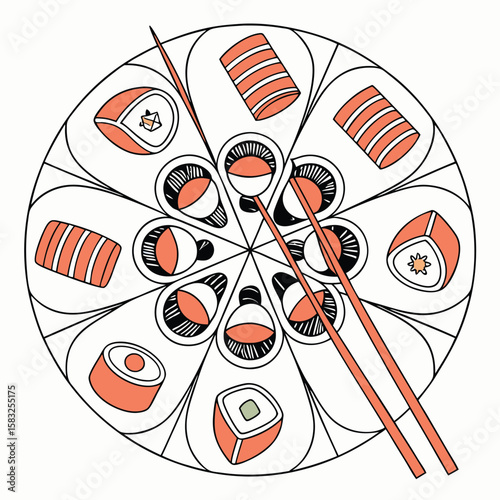 A circular arrangement of sushi rolls and nigiri with chopsticks in a stylized design motif