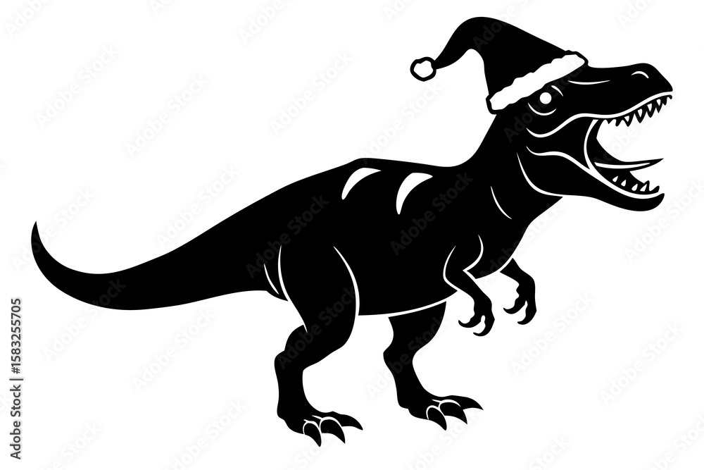 Fototapeta premium Funny T-Rex Wearing Tiny Santa Hat Roaring – Festive Dinosaur Vector Art