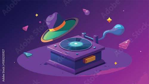 Cartoon illustration of a record player with a hat and floating geometric shapes around it