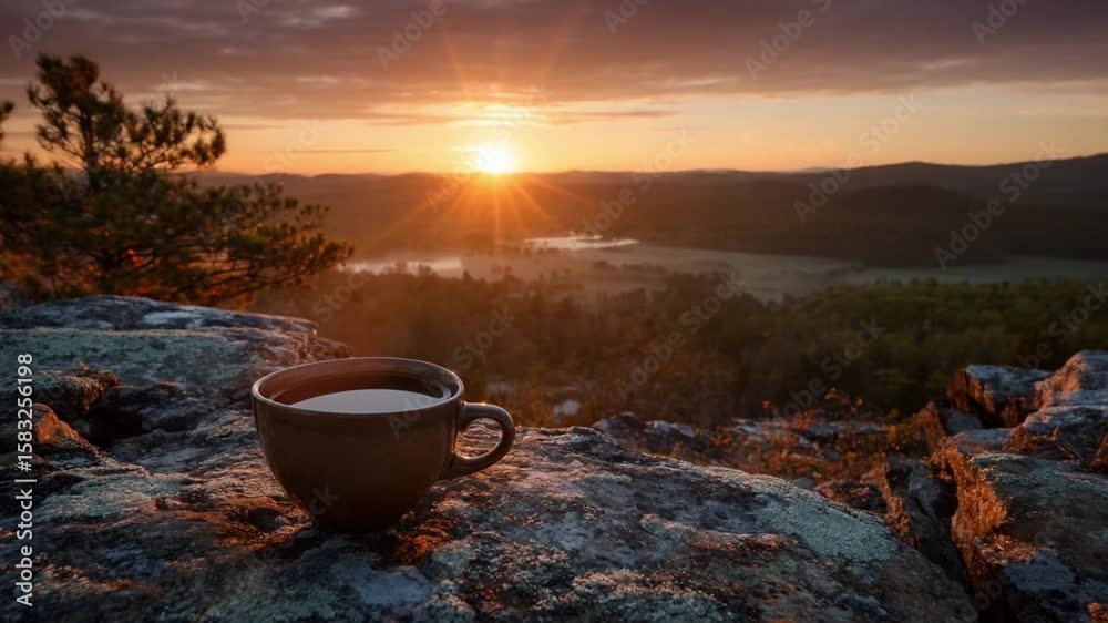 Coffee and Sunrise: A solitary coffee cup sits perched on a rocky ledge, overlooking a breathtaking vista of a mountain range at sunrise. The warm colors of dawn envelop the scene.
