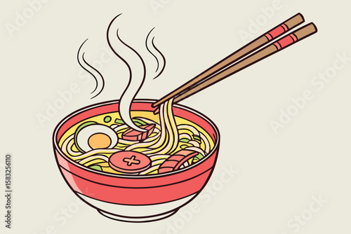 Illustration of a bowl of ramen with chopsticks picking up noodles and rising steam effect on top
