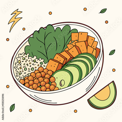 Illustration of a poke bowl filled with rice, tofu, lettuce, cucumber, and other ingredients