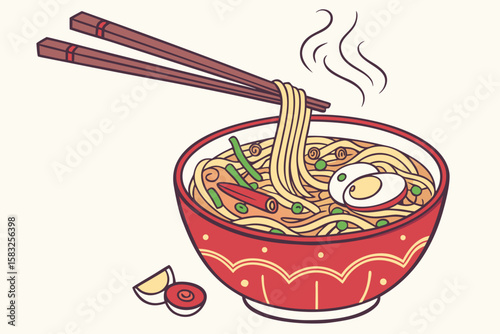 Illustration of a bowl of ramen with chopsticks, egg, peas, and other toppings on a light background