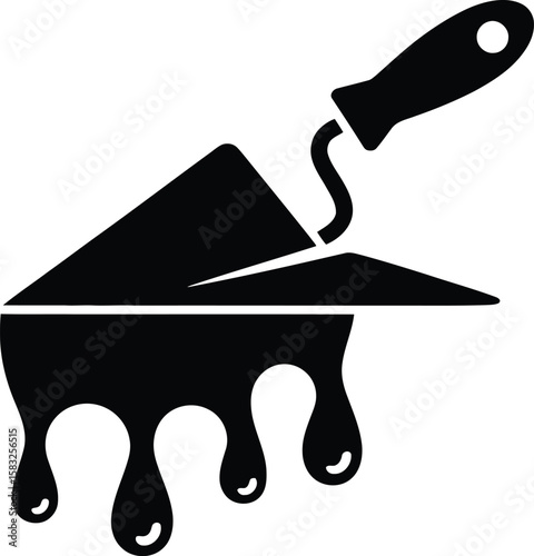 Trowel with Dripping Mortar or Cement Construction and Building Tool Vector Icon Black Silhouette on White Background Symbol for Masonry Plastering or Repair Services