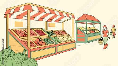 Illustration of a vibrant farmer's market with produce stands and shoppers in a lively outdoor scene