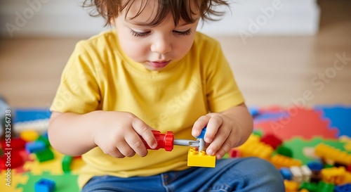 Focused little boy playing with colorful building blocks and screwdriver toy at home