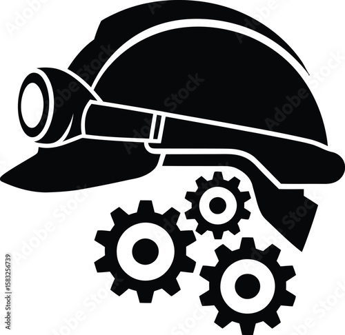 Mining Helmet with Gears Icon representing industry engineering and safety Symbolizes mechanical work construction and the importance of protection in hazardous environments Vector illustration in