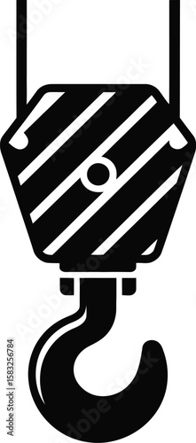 Black and White Vector Illustration of a Crane Hook Heavy Lifting Equipment Construction and Industrial Tool Isolated on White Background Minimalist Design for Engineering and
