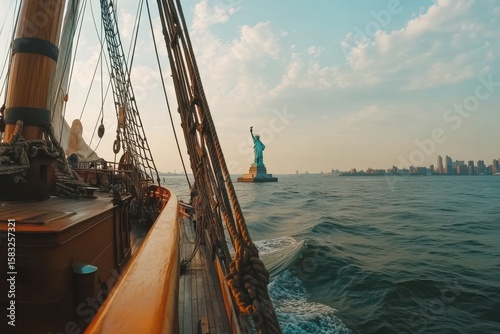 Sailing past the Statue of Liberty in New York Harbor during a calm afternoon