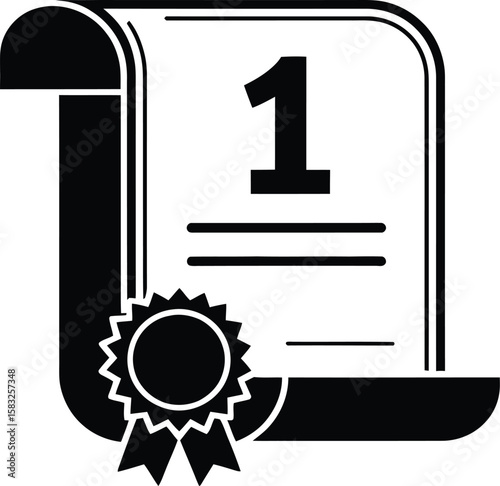 Black and white vector illustration of a first place award certificate with a seal representing achievement success and recognition for outstanding performance or winning
