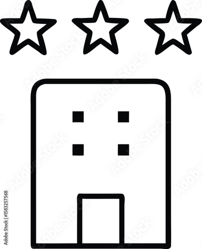 Three-Star Hotel Building Icon, Simple Line Art Design for Website, App, or Presentation, Vector Illustration, Black and White Minimalist...