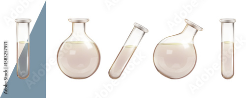 Transparent test tube, water bottle for chemical analysis. 3d lab flask, chemistry laboratory isolated equipment. Dirty toxic water, biologic disease research. Medical glassware jar, experiment tool