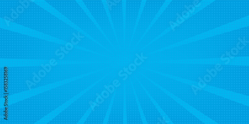 Comic background. Pop art texture. Starburst cartoon style. Anime design with explosion effect for print. Fun dot pattern. Blue backdrop with halftone gradient eps10.