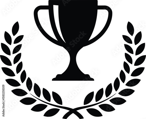 Black silhouette of a trophy cup surrounded by a laurel wreath symbolizing victory achievement and recognition suitable for awards competitions and celebratory designs on a