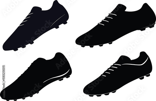 Sporty cleats icon set in vector silhouettes, ideal for soccer shoe packaging or ads.