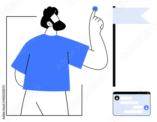 Man reaching towards a flag while pointing, symbolizing goal setting and achievement. Includes a chat interface for collaboration. Ideal for teamwork, communication, business, success, leadership