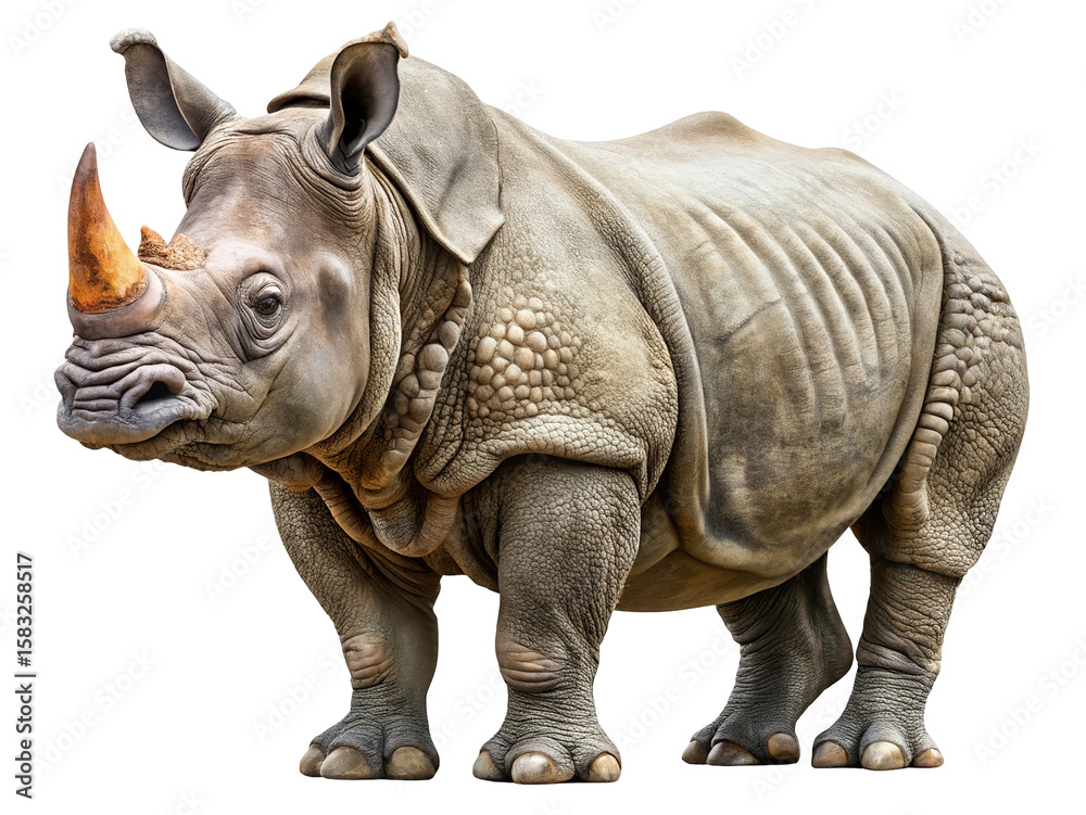Fototapeta premium A majestic rhinoceros with a prominent horn and textured skin stands powerfully on a transparent background showcasing its unique features and immense size isolated on transparent background