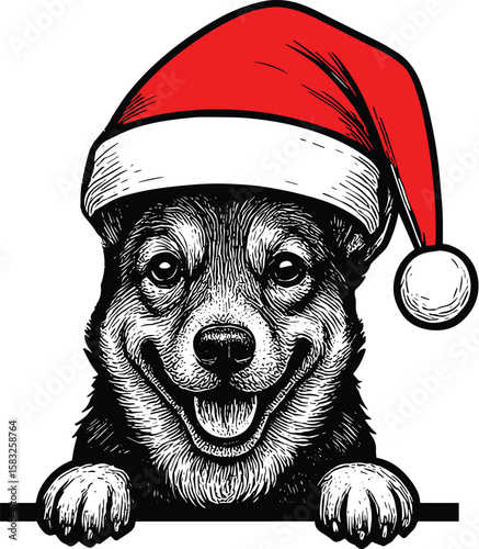 Pembroke welsh corgi dog with christmas hat peeking vector black silhouette print design