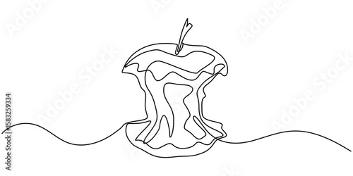 Apple core continuous line drawing art. Abstract simple apple core. One line continuous outline isolated vector illustration, A continuous single line drawing of an apple core, symbolizing nature.
