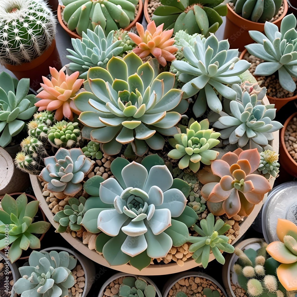Fototapeta premium Macro Photograph of Succulent and Cactus Plants in Soft Light | Succulents and Cactus Arrangements