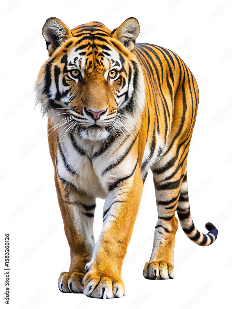 Fototapeta premium Majestic bengal tiger walking forward with intense gaze and striking orange and black stripes isolated on transparent background