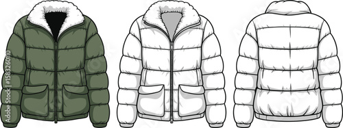Winter puffer jacket technical sketch, fur hood coat design, vector CAD drawing, front and back view, garment illustration