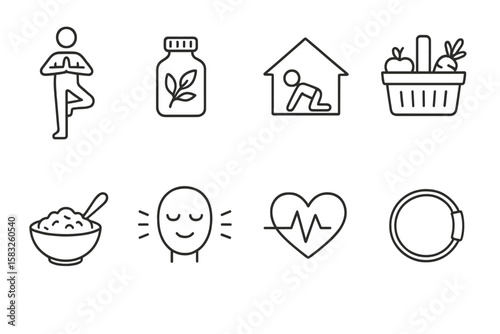 Health and fitness outline icon set: wellness, exercise, food vectors collection