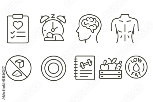 Health and wellness line icon set. yoga, meditation, nutrition symbols in outline style