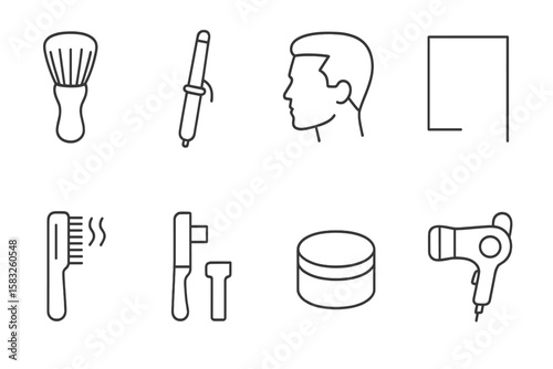 Barber tools icon set. hair styling essentials line icon collection