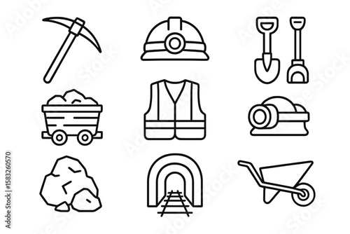 Mining equipment line icon set. tools, safety, transport icons linear collection