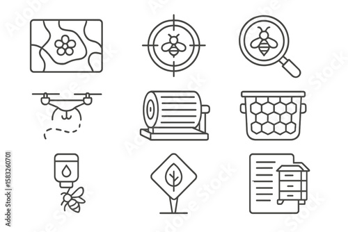 Bee and honey outline icon set. insect, hive, beekeeping, nature collection