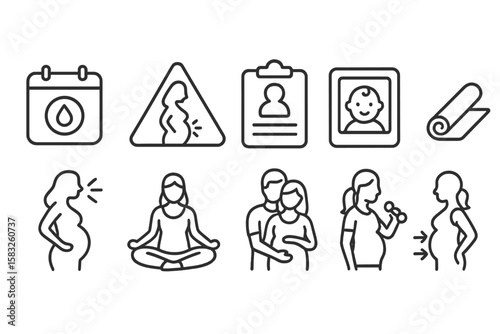 Pregnancy and maternity icon set. healthcare outline icons for expecting mothers