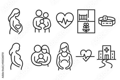 Pregnancy and health line icon set. wellness, maternity, baby care essential icons